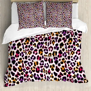 ABAKUHAUS afrikanisch Bettbezug, Safari-Leopard-Tier-Motiv, Milbensicher Allergiker geeignet mit Kissenbezügen, 200 cm x 200 cm - 80 x 80 cm, Magenta Violet Marigold - Magenta, Violett