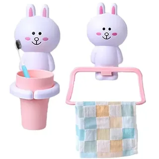 Jauhmui Zahnputzbecher Handtuchhalter Set für Kinder, Cartoon Tiere Zahnbürstenhalter, Zahnbürstenhalter ohne Bohren,Reinigungsmittel Für Babys (Kaninchen)