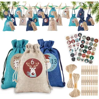 24 Adventskalender Säckchen Weihnachtsdeko & Geschenktüten, DIY mit Aufkleber