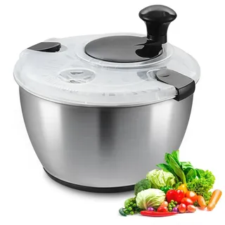 Salatschleuder 4,5 L mit Kurbelantrieb - Gemüsetrockner & Waschmaschine - Salatreiniger & Trockner aus Edelstahl inkl. Schüsseldeckel - Für Gemüse, Kräuter, Beeren & Früchte.
