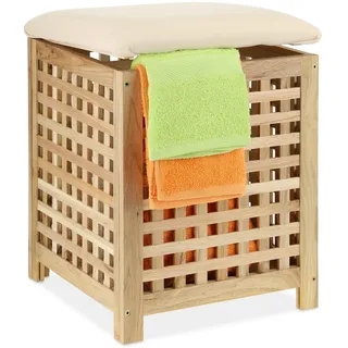 Relaxdays Wäschekorb mit Sitz, Walnussholz, Stoff, HxBxT: 50 x 39 x 39 cm, 45 l Wäschebox, Badhocker mit Stauraum, Natur