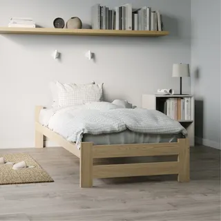 Holzbett 100x200 cm mit Lattenrost Modern Bett Bed Kiefer Massiv Bettgestell Einzelbett Massivholzbett Klassisch | Boho Landhaus Kopfteil flach natur - Naturbelassen