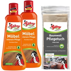 POLIBOY Möbel Intensiv Pflege - Pflegemittel für lackiertes Holz - schützende und auffrischende Holzpflege - farbneutral - 2x 500ml mit Baumwolltuch - Made in Germany