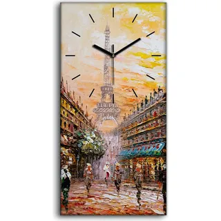 Wanduhr Bürouhr Leinwand Bild Quarz 30x60 Paris Eiffel Baum Straße Menschen - schwarze Hände - Gelb