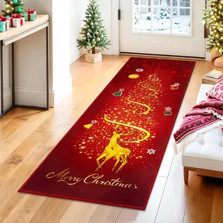 SHACOS Weihnachtsteppich Läufer Flur 60x180 cm Weihnachten Teppich Läufer rutschfest Weihnachtsläufer Küchenteppich Waschbar Teppichläufer Flur für Küche, Eingang, Wohnraum, Rot