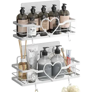OYRREU Weiß Duschablage Duschregal Ohne Bohren–2 Stück Haken Set für Bad | 4 Stabile Haken, Starker Saugnapf + Kleber Bathroom Shower Shelf, Kein Bohren Badregal Für Bad, Küche & Mehr Organizer