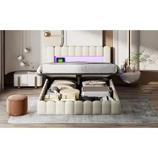 Modernes Erwachsenenbett, 180 x 200 cm, mit LED-Beleuchtung, Stauraum, USB-Anschluss, fleckenabweisend, Beige, Leinen - Beige