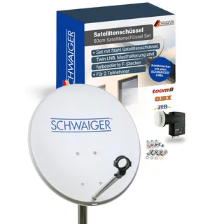 SCHWAIGER Satellitenschüssel Komplettset - Ø 60 cm Stahl Offset Antenne in Hellgrau - Inkl. sonnengeschütztes Twin LNB - Digital HD & 4K Empfang - Hitzebeständig & wetterfest