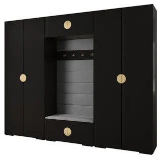 Abiks Möbel Garderoben-Set 236,7/300/47 , Schwarz, Grau, Goldfarben , Holz , Nachbildung , 18 Fächer , 300x236.7x47 cm , Garderobe, Garderoben-Sets & Garderoben-Serien, Garderoben-Sets