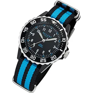 REGENT F-1126 Kinderuhr 34mm Kunststoffgehäuse Schwarz/Türkis Textilarmband Schwarz