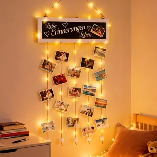 Meetory Fotovorhang mit 30 Holzklammern - Fotowand mit Klammern DIY Fotowand Fotogirlande Bilderrahmen Collage mit 5 Hanfseil 6 Magnete für Dekor Fotoausstellung Personalisierte Geschenke