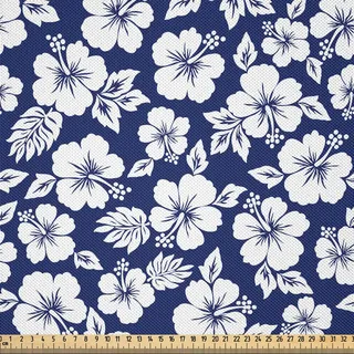 ABAKUHAUS Hawaii Satin Stoff als Meterware, Hibiscus Silhouetten blühende Malve Familienpflanze exotische Sommersaison Laub, 10 M (148 x 1000 cm), Marineblau Weiß - Weiß