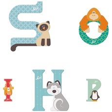 Sevi Tier Holzbuchstaben Name Sophia ca. 10 cm, Türbuchstaben für Kinderzimmer, ABC Lernspielzeug aus Holz, pädagogisches Spielzeug für Kinder ab 3 Jahre, Kindernamen Buchstaben Tiere, Mehrfarbig