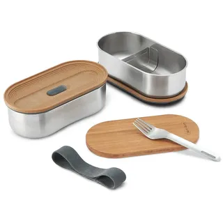 BLACK + BLUM Bento Box Edelstahl mit Bambusholzdeckel, 2 x 500 ML | Sara Kiyo Popowa Edition | 2x auslaufsichere Edelstahl Dose mit Gabel, Bambusdeckel/Schneidebrett & Trennwand | Bento Box Erwachsene