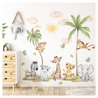 DEKO KINDERZIMMER XXL Wandsticker Baby Safari Tiere Wandtattoo Set Kinderzimmer Wandaufkleber Löwe Giraffe Elefant Babyzimmer Wanddeko DK1052-04