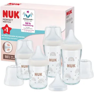 NUK Perfect Match Glas-Babyflaschenset | Ab 6 Mon. | Passt sich dem Baby an | Temperature Control | 4 Anti-Colic-Flaschen und zus. Silikontrinksauger | 120 ml & 230 ml | BPA-frei | Regenbogen | 5 St.