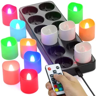 SoulBay LED Teelichter Bunt Aufladbar, 12 Stück Wiederaufladbar Flackernd Elektrische Kerzen mit Ladestation Fernbedienung Timer für Zimmer Wohnzimmer Halloween Weihnachten Deko, RGB