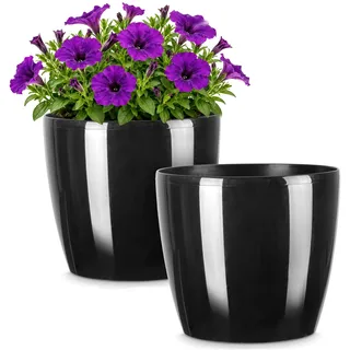 PECZEKO Glänzende Blumentöpfe - Deko Pflanztopf für Blumen & Kräuter - Langlebige & leichte runde Kunststoff-Pflanzentöpfe für Wohn- & Esszimmer, Küche, Terrasse, Balkon - 2er-Set - (Schwarz, ø 21 cm)