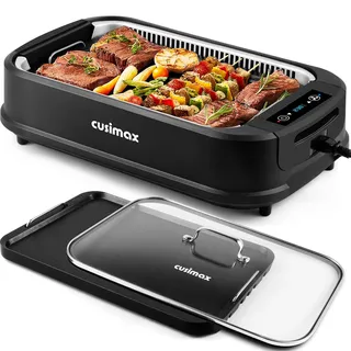 CUSIMAX Elektrogrill Tischgrill, 1500W Elektrogrill mit Deckel, Antihaftbeschichtung Grillplatte & Griddleplatte für Steak und Panini, Smokeless Grill mit Einstellbarer Thermostat, Spülmaschinenfest