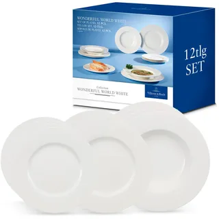 Villeroy & Boch – Wonderful World Dinner-Set 12 teilig Weiß, Spülmaschinenfest, Mikrowellensicher, Teller, Geschirr, Porzellan, Speiseteller, Essteller, Set, Geschirrset Modern, Premium Porzellan