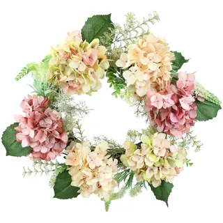 Rattankranz mit künstlichen Hortensien Hortensienblüten Blüten Blumen Kunstblumenkranz Deko Wandkranz Türkranz zum Aufhängen Legen Blütenkranz Landhaus Kranz Haustür-Dekoration Hochzeit Dekoration