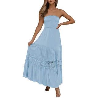 DeaAmyGline Strandkleid Damen Sommer Bandeau Kleid Trägerloses Sommerkleid Lang Schulterfreies Kleider Rückenfrei Sexy Boho Maxikleid A Linien Spitzen Häkelkleid Partykleid Freizeitkleid für Fauen