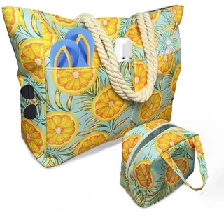Badetasche Groß mit 7 Taschen 1 Kühltasche, 50L Orange Strandtasche xxl Familie mit Reißverschluss,Schwimmbad Tasche, Faltbar, Sanddicht, Schwimmtasche Damen für Shopping Strandurlaub Picknick