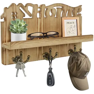 Kolamom Schlüsselhalter für die Wand, Schlüsselhaken aus Holz mit 9 Schlüsselhaken, Schlüsselregal mit Ablagefläche für Post, Telefon, kleine Dekoration, ideal für Eingang, Büro und Flur