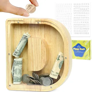 LEcylankEr Spardose Kinder Personalisierte A-Z Alphabet Sparbüchse Holz Spardose Dekoration Kreative groß Sparschwein als Geschenke für Geburtstag, Weihnachten und Thanksgiving (D)