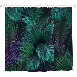 A.Monamour Duschvorhänge Exotische Tropische Grüne Monstera Palm Leaves Dunklen Hintergrund Handgezeichnete Bild Gedruckt Stoff Duschvorhang Set Mit Haken Für Badezimmer 180X200 cm