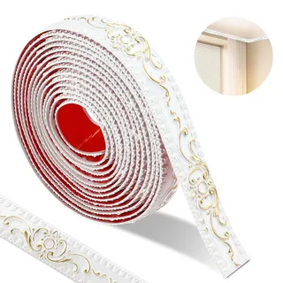 600 * 3.6cm Stuckleisten Wand Selbstklebend, 3d Vintage Muster Wandleisten, Flexibel Zierleisten Wasserdicht, Wandleiste Selbstklebend Für Spiegelrahmen(Weiß-Gold Muster)