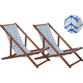 BELIANI Liegestuhl 2er Set Dunkelbraun Akazienholz mit Weiß-Blauem Bezug Zick Zack Muster Klappbar Gartenausstattung Gartenzubehör Modern - Blau, Weiß, Braun
