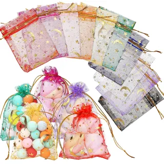 Naler 100 x Organzasäckchen 7x9cm Schmuck Geschenktüten Mond und Stern | Feine Organzabeutel zum Befüllen mit Kordelzug für Schmuck, Gastgeschenke, Hochzeit, Taufe & Adventskalender