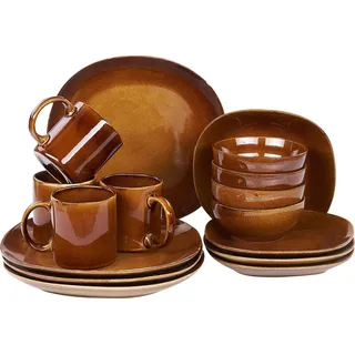 BELIANI Tafelservice Goldbraun Steinzeug Ton und Kaolin für 4 Personen 16-teilig Rund Handgefertigt Retro Geschirr Set Essgeschirr Küche Esszimmer - Braun