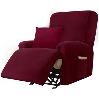 Alishomtll Stretchhusse für Relaxsessel, 4-Teilig Samt Sesselschoner, Stretch Waschbar Sesselbezug Elastisch Bezüge für Fernsehsessel, Sesselüberzug mit 1 Kissenbezug und 2 Taschen (1 Sitzer Rot)