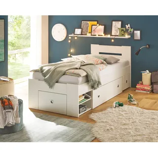 Jugendbett STEFAN, Weiß, mit Kopfteil, Nachtkommode, 2 Bettschubkästen und Fächern - Weiß