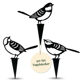 MIJOMA 3-teiliges Set Vögel Gartenstecker Blumenstecker Gartendeko, Deko für Garten Balkon, schwarz
