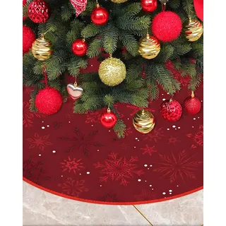 Mateju Weihnachtsbaumdecke rund 120 cm, Rot Weihnachtsbaum Teppich mit Schneeflockenmuster, Christbaumdecke Tannenbaum Decke Rund für Weihnachten und Neujahr Dekoration