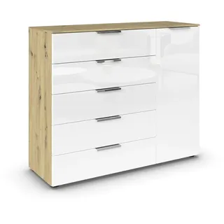 Rauch Möbel Flipp, Kommode für Schlafzimmer, Kinderzimmer, Wohnzimmer, Jugendzimmer, Flur, Garderobe, 1-türig, 5 Schubladen, mit Softclose-Funktion, Farbe Eiche Artisan, Holz/Glas Weiß, Breite 120 cm