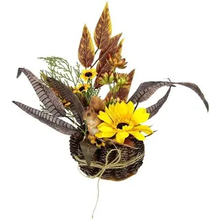 Unyqoos® Künstliches Herbstgesteck – lebensechte Sonnenblumen mit Deko‐Eichhörnchen im rustikalen Kieferntopf, pflegefreie herbstliche Tischdeko