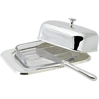 EDZARD Butterdose Mista, 13 x 18 cm, Höhe 8 cm, edel versilbert, hochglanzpoliert, mit Glasschale, inklusive Buttermesser, für 250 Gramm Butter