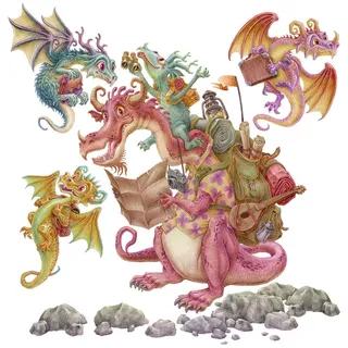Wallfluent Wandaufkleber 130x174cm - Drachen-Märchenfamilie , Multicolor , Kunststoff , Rechteckig , 130x174x0.1 cm , Tapeten & Wandverkleidungen, Wandtattoos & Sticker, Wandtattoos