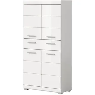 Inn.Furn Midischrank weiß Hochglanz 74 x 141 cm, Badschrank 4-türig , Holzwerkstoff , Nachbildung , Uni , 2 Fächer , Rechteckig , 74x141x31 cm , FSC Mix , Badezimmer, Badmöbel, Midischränke