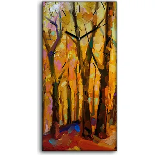 Leinwand Wanduhr Wandkunst Uhr 30x60 Foto Landschaft Bemalte Herbst Wald - schwarze Hände - Orange