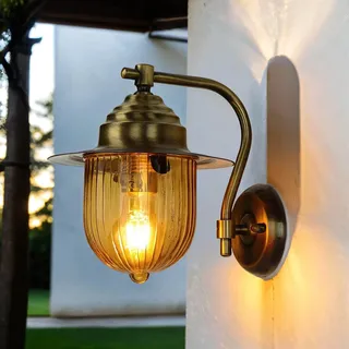 Wetterfeste Außenwandleuchte PONIA Messing Riffel Glas Maritime Lampe Hof Haus