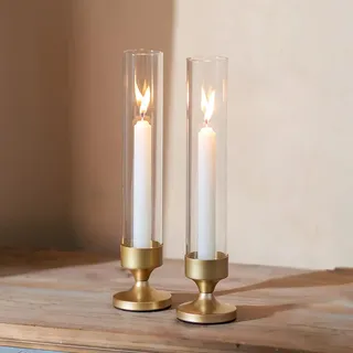 NUPTIO Kerzenständer Glaszylinder Kerzenhalter Glas - 2er Stabkerzenhalter Gold Stabkerzen Hochzeit Tisch mit Glasaufsatz Ohne Boden Windlicht Glas Zylinder Kerzenhalter Stabkerze Valentinstag 31cm