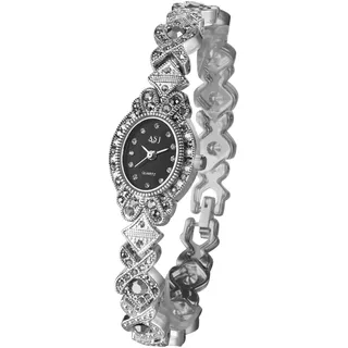 Silverora Uhren Damen Diamant Oval: Glänzend Klein Zifferblatt Analog Quarz Damenuhren mit Schmal Armband Gothic Retro Blumen Armbanduhren Geschenke für Frauen Silber Schwarz