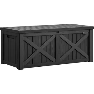 YITAHOME 450L Große Gartenbox mit X-förmiger Front, wasserdichte Resin Aufbewahrungsbox als Sitzbank für Terrasse, Poolzubehör & Gartengeräte – Abschließbar, Schwarz