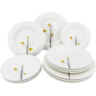 Croft Spring 12-teiliges Porzellan-Teller-Set - Weiß, Schwarz, Gelb