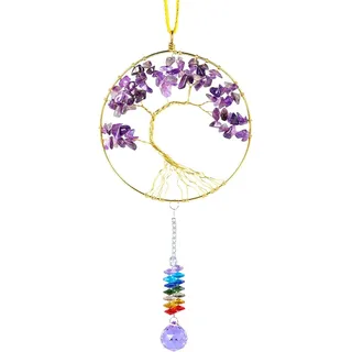 KYEYGWO Kristall Regenbogen Sonnenfänger mit Edelstein Baum des Lebens, Stein Aufhängene Handgemacht Traumfänger Lebensbaum Hängedeko für Haus Garten Fenster Souvenir, Amethyst
